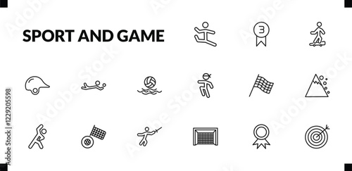 outline sport and game icons set. editable linear third, boy with skatingboard, baseball helmet, and other 12 icons in this category isolated on transparent background.
