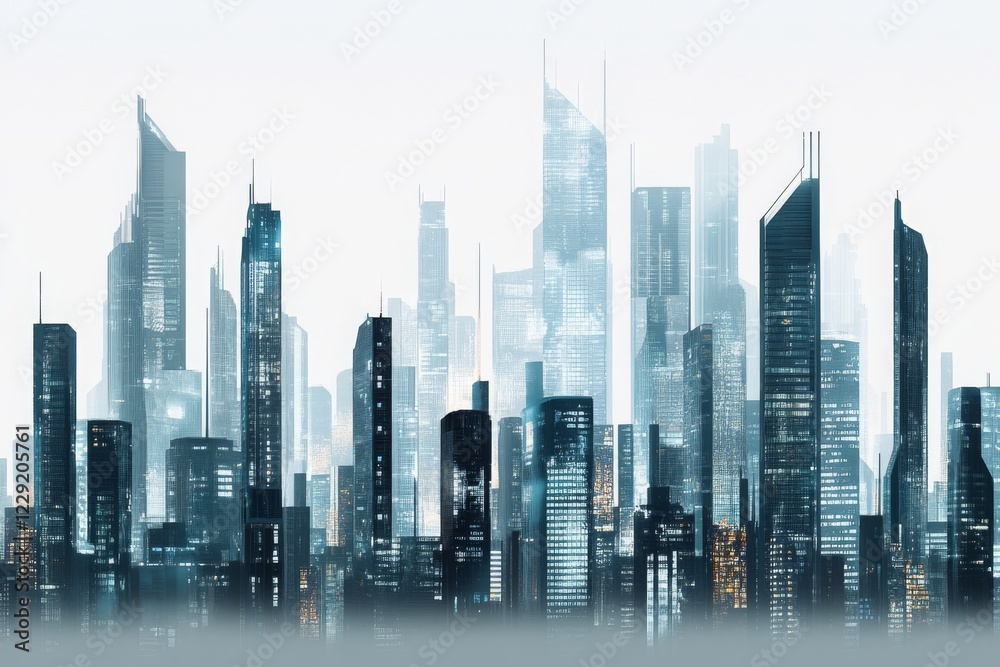 Fototapeta premium Futuristic Urban Skyline Featuring Tall Skyscrapers and Modern Architecture Against a Soft White Background with a Dreamy Atmosphere