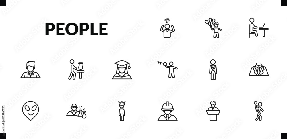outline people icons set. editable linear man child and balloons, working at the office, waiter working, and other 12 icons in this category isolated on transparent background. outline people icons set. editable linear man child and balloons, working at the office, waiter working, and other 12 icons in this category isolated on transparent background.
