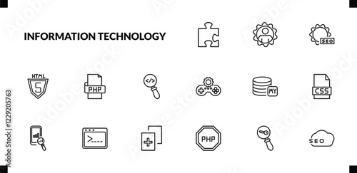 outline information technology icons set. editable linear seo management, image seo, html5, and other 12 icons in this category isolated on transparent background.