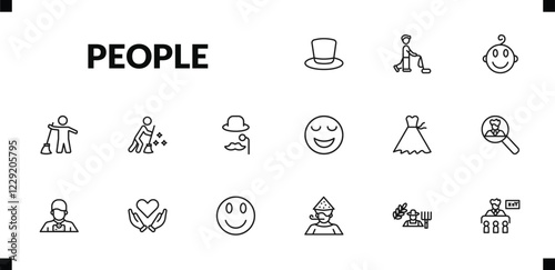 outline people icons set. editable linear man vacuuming, baby smile, sweeper working, and other 12 icons in this category isolated on transparent background.