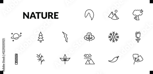 outline nature icons set. editable linear dune, pine tree on fire, planet with satellite, and other 12 icons in this category isolated on transparent background.