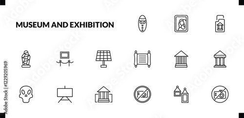 outline museum and exhibition icons set. editable linear gioconda, archivist, sarcophagus, and other 12 icons in this category isolated on transparent background.