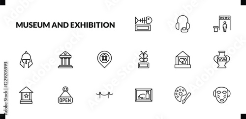 outline museum and exhibition icons set. editable linear audio guide, metal detector, roman or greek helmet, and other 12 icons in this category isolated on transparent background.