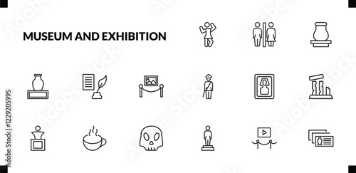 outline museum and exhibition icons set. editable linear restroom, souvenir, ceramic, and other 12 icons in this category isolated on transparent background.