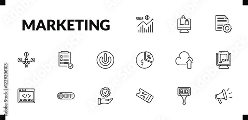 outline marketing icons set. editable linear online store, content management, diversify, and other 12 icons in this category isolated on transparent background.