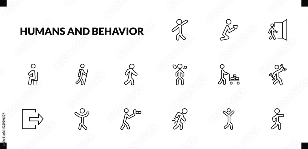 Fototapeta premium outline humans and behavior icons set. editable linear begging, come in, sitting down, and other 12 icons in this category isolated on transparent background.