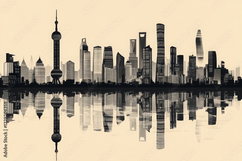 Fototapeta premium Stunning Silhouette of Shanghai Skyline with Reflections on Water, Showcasing Modern Architecture, Iconic Landmarks, and Urban Beauty at Dusk