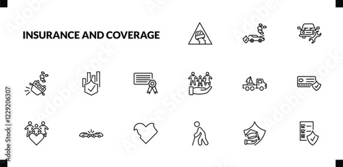 outline insurance and coverage icons set. editable linear engine problems, vehicle repair, overturned car, and other 12 icons in this category isolated on transparent background.