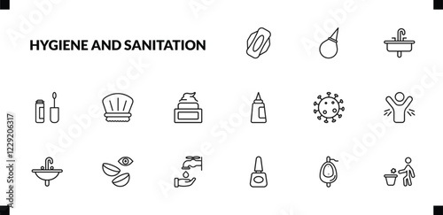 outline hygiene and sanitation icons set. editable linear l aspirator, washbasin, dolled up, and other 12 icons in this category isolated on transparent background.
