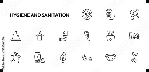 outline hygiene and sanitation icons set. editable linear electric razor, bubbles, extractor, and other 12 icons in this category isolated on transparent background.