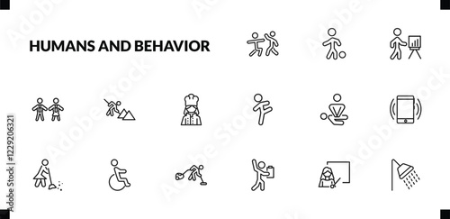 outline humans and behavior icons set. editable linear playing with a ball, business presentation, cooker couple, and other 12 icons in this category isolated on transparent background.