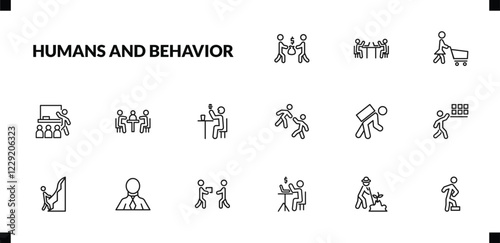 outline humans and behavior icons set. editable linear public work, housewife shopping, classroom, and other 12 icons in this category isolated on transparent background.