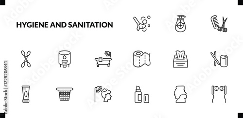 outline hygiene and sanitation icons set. editable linear antiseptic, grooming, cotton, and other 12 icons in this category isolated on transparent background.