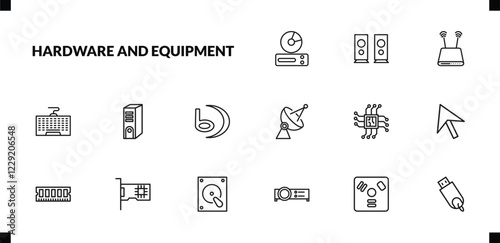 outline hardware and equipment icons set. editable linear two stereo speakers, modem with two antenna, keyboard wire, and other 12 icons in this category isolated on transparent background.