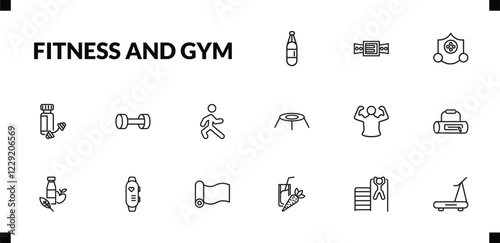 outline fitness and gym icons set. editable linear athletic strap, elevation mask, protein shake, and other 12 icons in this category isolated on transparent background.