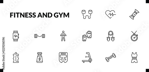 outline fitness and gym icons set. editable linear fitness heart, energy snack, fitness watch, and other 12 icons in this category isolated on transparent background.