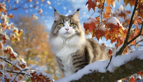 AI generated, animal, animals, mammal, mammals, cat, felidae (Felis catus), a grey and white American Forest Cat, sitting in a tree, autumn, autumn leaves, snow, onset of winter