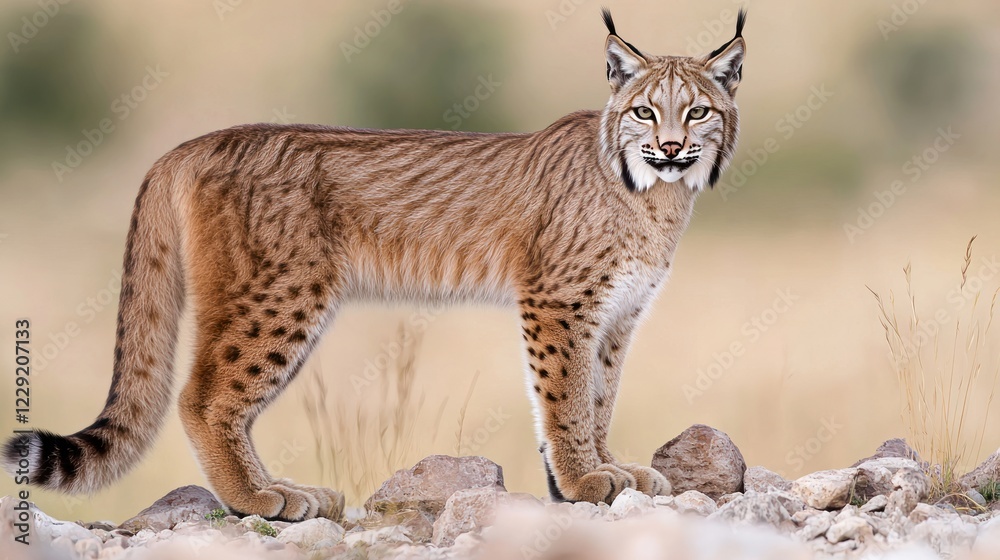 Obraz premium Tawny Lynx Standing on Rocks in Grassland
