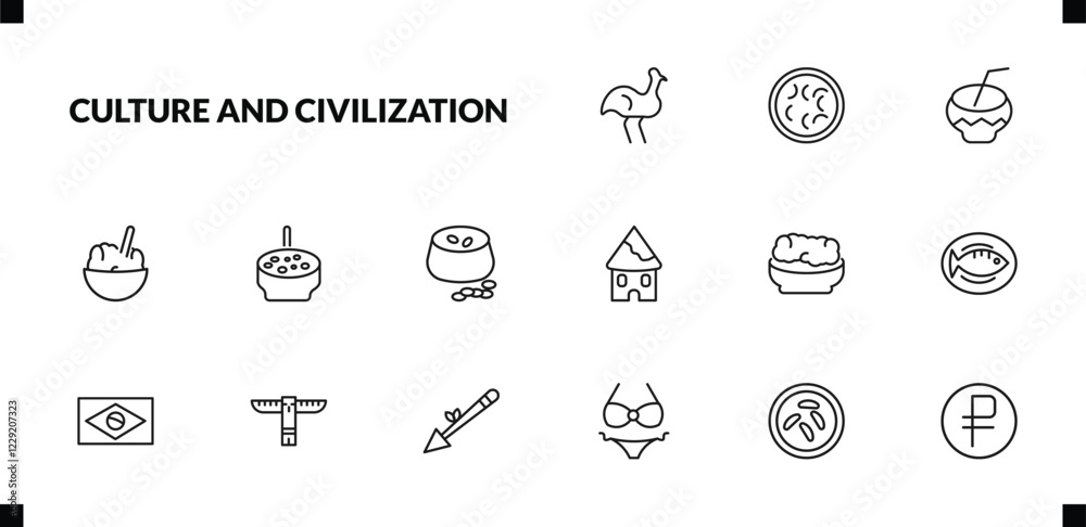 outline culture and civilization icons set. editable linear fabada, kalabas, rice pudding, and other 12 icons in this category isolated on transparent background. outline culture and civilization icons set. editable linear fabada, kalabas, rice pudding, and other 12 icons in this category isolated on transparent background.
