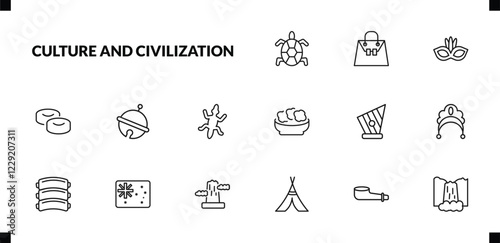 outline culture and civilization icons set. editable linear crocodile leather bag, brazil carnival mask, mantecados, and other 12 icons in this category isolated on transparent background.