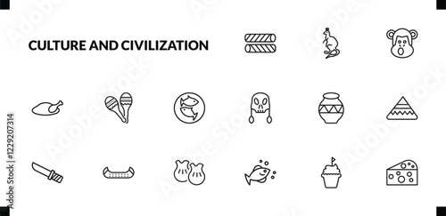 outline culture and civilization icons set. editable linear australian kangaroo, chimp face of brazil, beijing roast duck, and other 12 icons in this category isolated on transparent background.