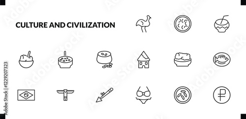outline culture and civilization icons set. editable linear fabada, kalabas, rice pudding, and other 12 icons in this category isolated on transparent background.