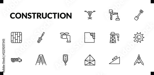 outline construction icons set. editable linear constructions, inclined shovel, , and other 12 icons in this category isolated on transparent background.