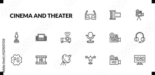 outline cinema and theater icons set. editable linear camera roll, movie camera, movie award, and other 12 icons in this category isolated on transparent background.