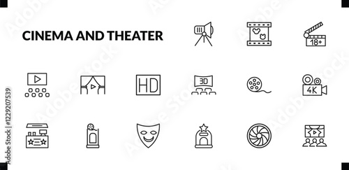outline cinema and theater icons set. editable linear animation, plus 18 movie, film viewer, and other 12 icons in this category isolated on transparent background.