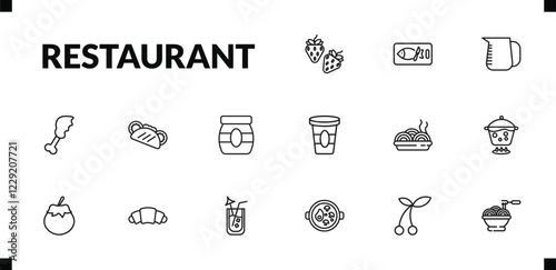outline restaurant icons set. editable linear kitchen fish, measurement jar, chicken thigh, and other 12 icons in this category isolated on transparent background.