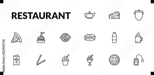 outline restaurant icons set. editable linear piece of cheese, pot with cover, pepperoni pizza slice, and other 12 icons in this category isolated on transparent background.