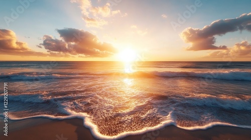 Golden Hour Seascape: A breathtaking golden hour sunset paints the sky in vibrant hues of orange, pink, and purple as waves gently lap against the sandy shore.