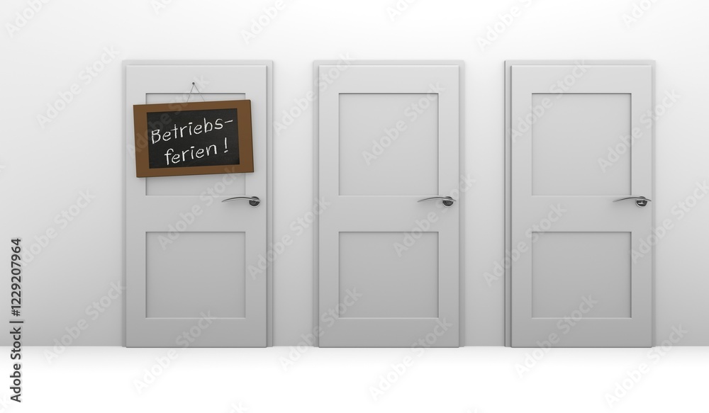 Three closed doors, one door with a blackboard, 3d holiday concept Three closed doors, one door with a blackboard, 3d holiday concept