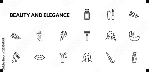 outline beauty and elegance icons set. editable linear liquid lipstick, hair straightener, flat iron, and other 12 icons in this category isolated on transparent background.