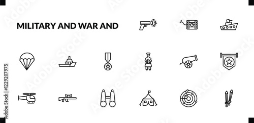 outline military and war and icons set. editable linear time bomb with clock, ship, parachute, and other 12 icons in this category isolated on transparent background.