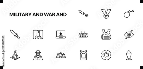 outline military and war and icons set. editable linear medal, bomb, torpedo, and other 12 icons in this category isolated on transparent background.