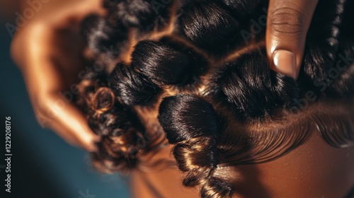 natural hair being styled into bantu knots, showcasing the intricate details of the process photo