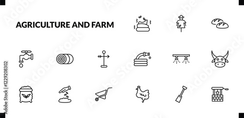 outline agriculture and farm icons set. editable linear scarecrow, bread, faucet, and other 12 icons in this category isolated on transparent background.