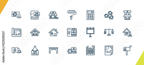 outline real estate industry icons set. editable linear for rent, villa, paint roll, and other 18 icons in this category isolated on transparent background.