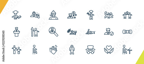 outline people icons set. editable linear chemist working, man partying, book keeper, and other 18 icons in this category isolated on transparent background.