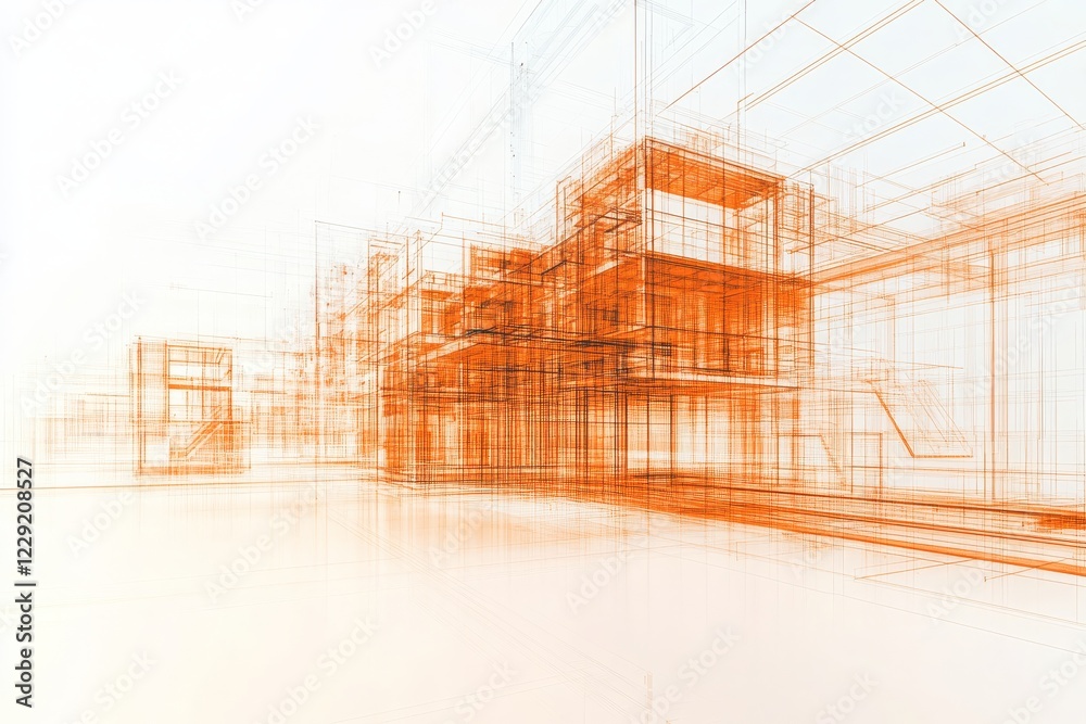 Architectural Visualization of Modern Building Blueprint in Orange Lines and Abstract Design with Intricate Layout for Creative and Professional Applications