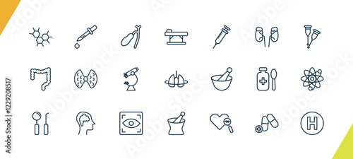 outline medical and healthcare icons set. editable linear eye dropper, gallbladder, table of treatments, and other 18 icons in this category isolated on transparent background.