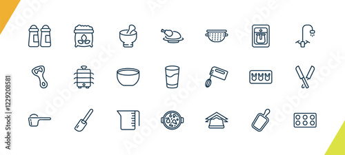 outline kitchen icons set. editable linear flour, mortar, broiler, and other 18 icons in this category isolated on transparent background.