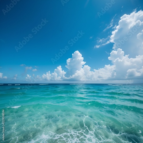 Una fascinante vista al mar donde las profundas aguas color esmeralda reflejan las nubes azules del cielo. photo