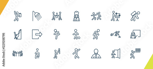 outline humans and behavior icons set. editable linear showering, people trading, woman cooking, and other 18 icons in this category isolated on transparent background.