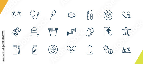 outline health and medical icons set. editable linear phonendoscope, spermatozoon, medical mask, and other 18 icons in this category isolated on transparent background.