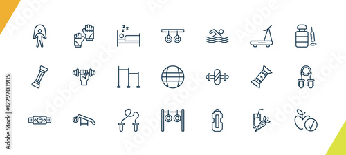outline fitness and gym icons set. editable linear fitness gloves, sleep, gymnastic rings, and other 18 icons in this category isolated on transparent background.