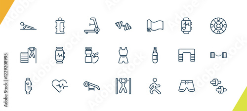 outline fitness and gym icons set. editable linear isotonic, rowing hine, little dumbbell, and other 18 icons in this category isolated on transparent background.
