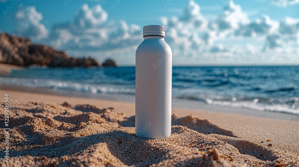 White blank water bottle mockup on a beach setting, with sand and ocean in the background, perfect for showcasing branding and custom designs. White blank water bottle mockup on a beach setting, with sand and ocean in the background, perfect for showcasing branding and custom designs.